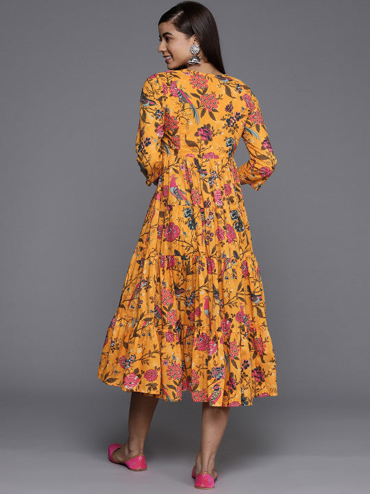 Biba Mustard Yellow Tropical Tiered Midi Dress
