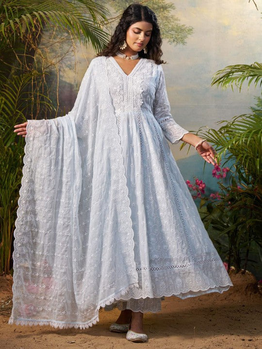 Indo Era Women Floral Embroidered Regular Thread Work Kurta Trousers With Dupatta Set