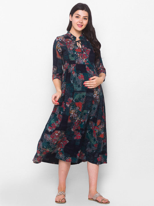 AV2 Green Floral Tie-Up Neck Maternity Empire Midi Dress