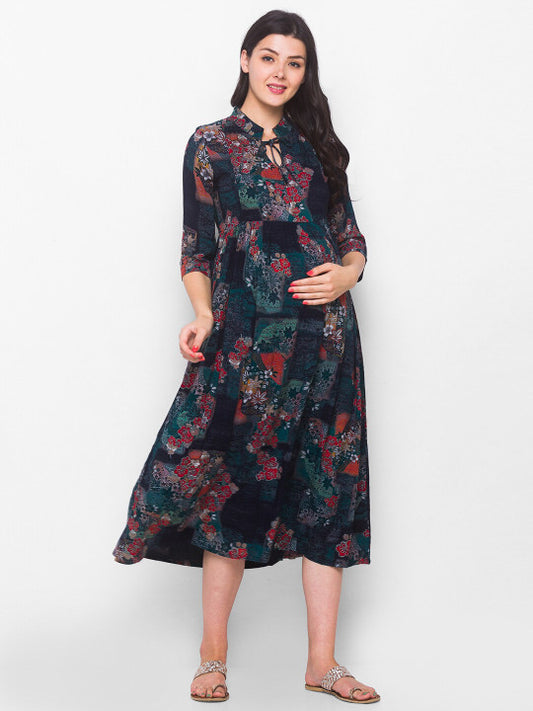 AV2 Green Floral Tie-Up Neck Maternity Empire Midi Dress