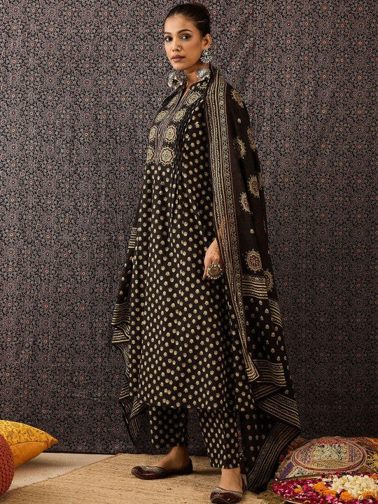 Indo Era Women Ethnic Motifs Embroidered Panelled Thread Work Pure Cotton Kurta with Trousers & With Dupatta