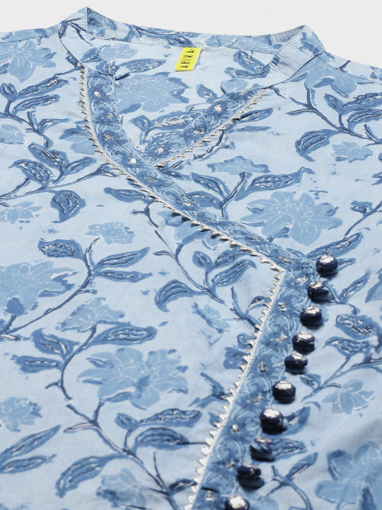 AHIKA Women Blue & Off-White Ethnic Motifs Print Cotton Kurta with Trousers & Dupatta
