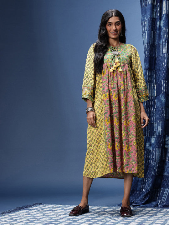 Taavi Floral Printed A-Line Sanganeri Ethnic Dress