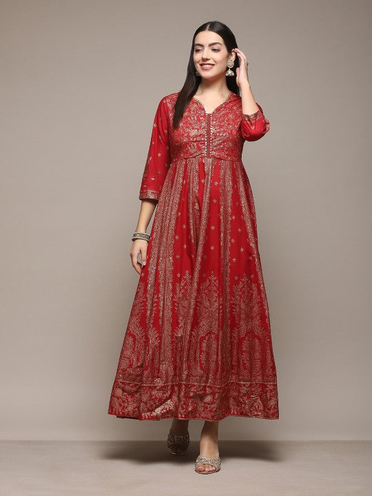 Biba Ethnic Motifs Printed V-Neck Sequinned Detailed Fit & Flare Midi Ethnic Dress