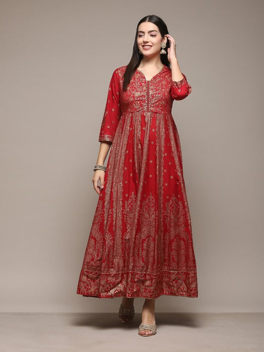 Biba Ethnic Motifs Printed V-Neck Sequinned Detailed Fit & Flare Midi Ethnic Dress