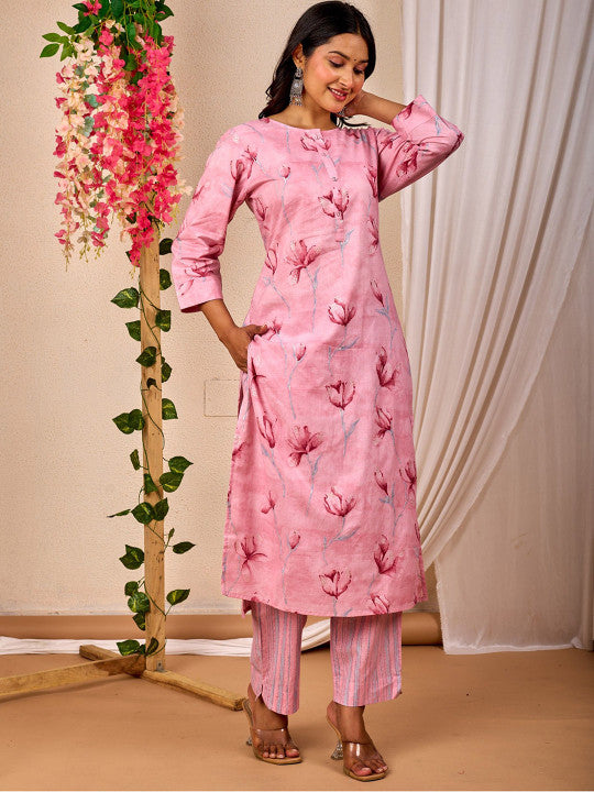 stylesutraa vogue Women Floral Printed Round Neck Straight Kurta with Pyjamas & Dupatta