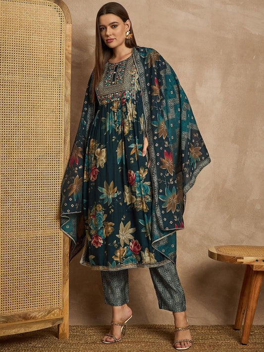 all about you Printed Sequinned Chanderi Silk A-Line Kurta