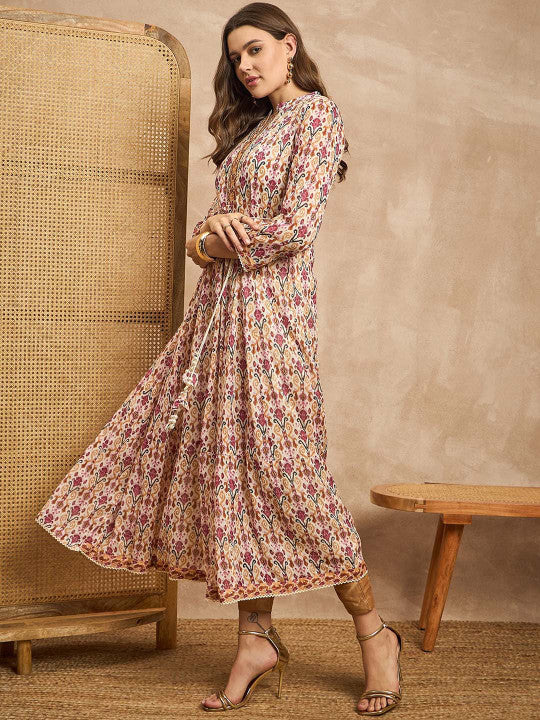 all about you Floral Printed Ethnic Motifs Mandarin Collar Midi Ethnic Dress
