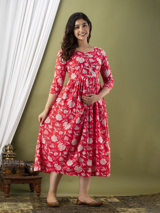Ashvy Floral Printed Cotton Maternity Ethnic Dress