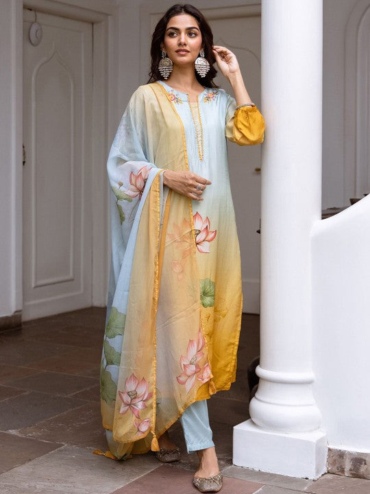 Ishin Women Floral Printed Regular Kurta with Trousers & With Dupatta