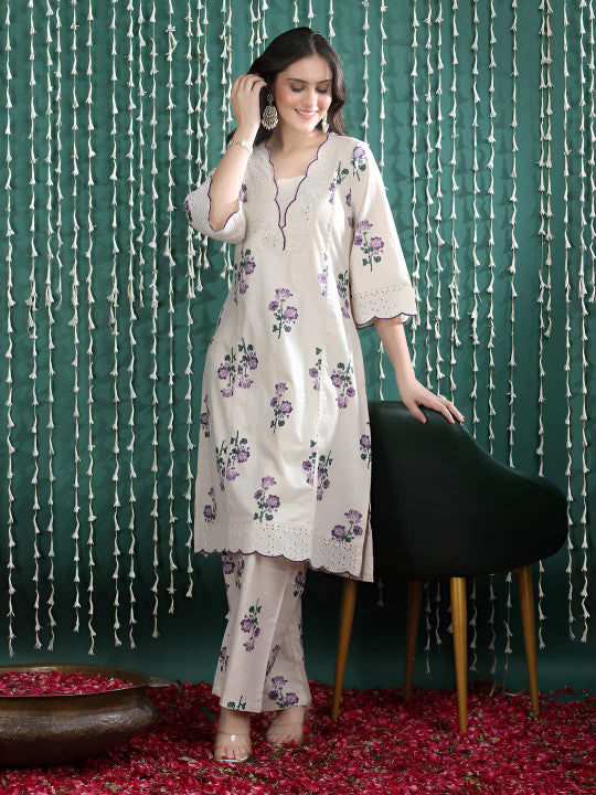 Bani Women Women Floral Printed Regular Thread Work Pure Cotton Kurta with Palazzos
