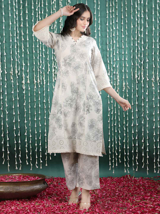 Bani Women Women Beige Floral Print Pure Cotton Kurta Set with Embroidered Detailing