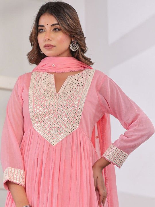 CHETI Geometric Yoke Design Pleated Mirror Work Anarkali Kurta With Trousers & Dupatta