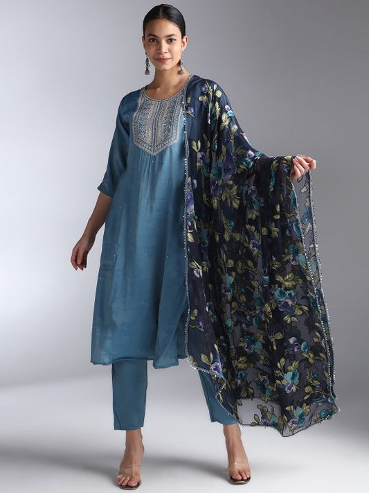 House Of Dharaa Floral Embroidered Chanderi Silk Straight Kurta