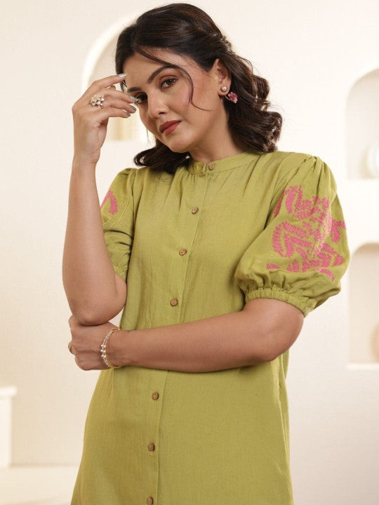 AUTUMN LANE Band Collar Puffed Sleeves Pure Cotton Top with Trouser Co-Ords