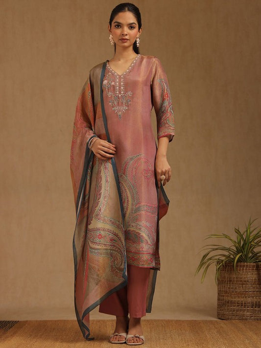 Floral Printed V-Neck Beads And Stones Straight Kurta With Trousers And Dupatta