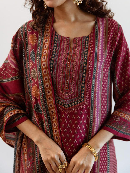 Anouk Floral Printed Pure Silk Straight Kurta with Trousers & Dupatta