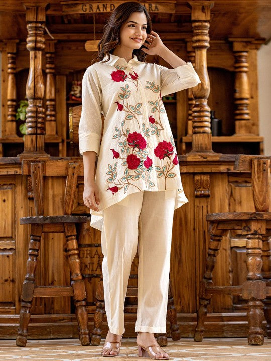 Indo Era Floral Embroidered Thread Work Pure Cotton Shirt with Trousers