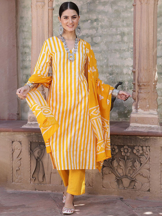Taavi Straiped Printed Pure Cotton Hand Block Print Kurta With Trousers & Dupatta