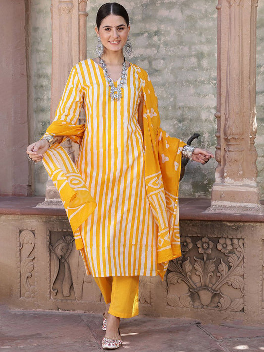 Taavi Straiped Printed Pure Cotton Hand Block Print Kurta With Trousers & Dupatta