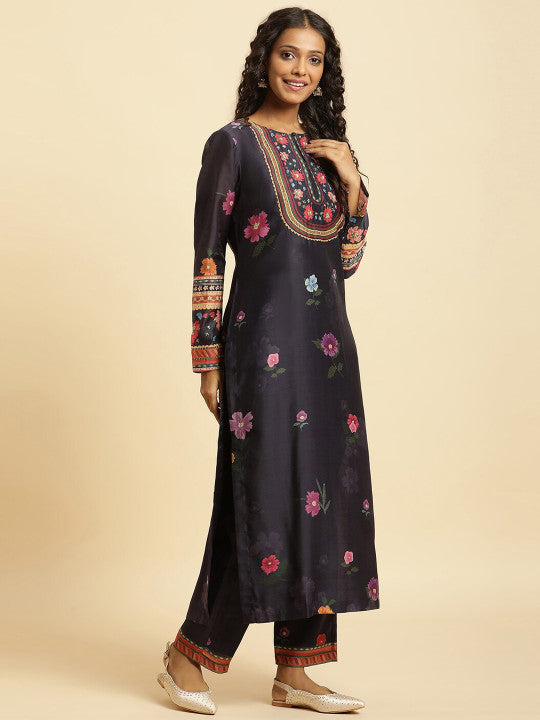 WISHFUL Floral Printed Sequinned Straight Kurta With Trousers & Dupatta