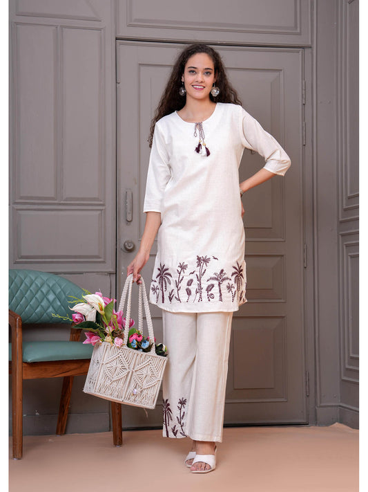 Women Trendy Cotton Flex Embroidery Co-Ordset (Set of 2)