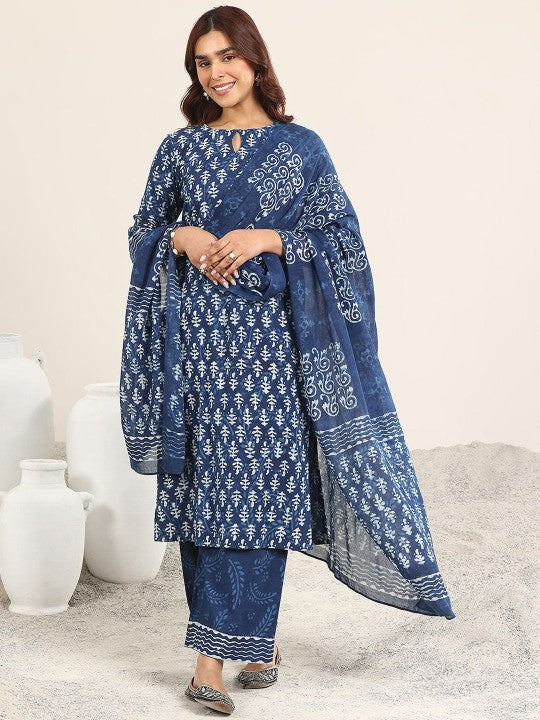 Floral Printed Round Neck Straight Kurta With Palazzos And Dupatta
