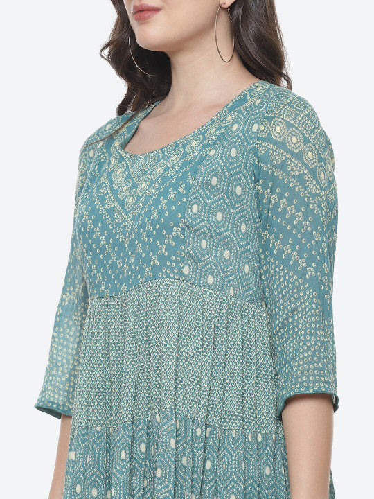 Biba Women Teal & Cream-Coloured Ethnic Motifs Ethnic A-Line Dress