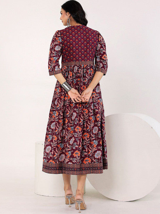 GULAB CHAND TRENDS Floral Cotton Fit & Flare Midi Ethnic Dress