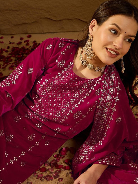 House of Pataudi Floral Embroidered Velvet Straight Kurta