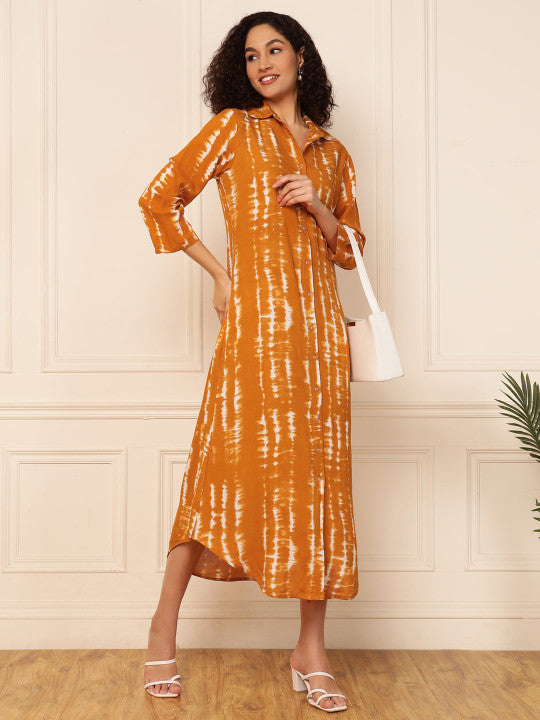 Vibes by Deebaco  Tie and Dye Dyed Shirt Collar Flared A-Line Midi Dress