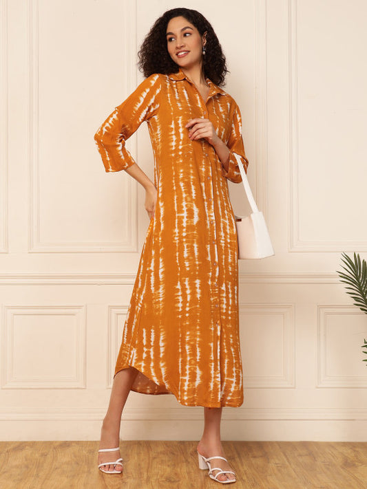 Vibes by Deebaco  Tie and Dye Dyed Shirt Collar Flared A-Line Midi Dress