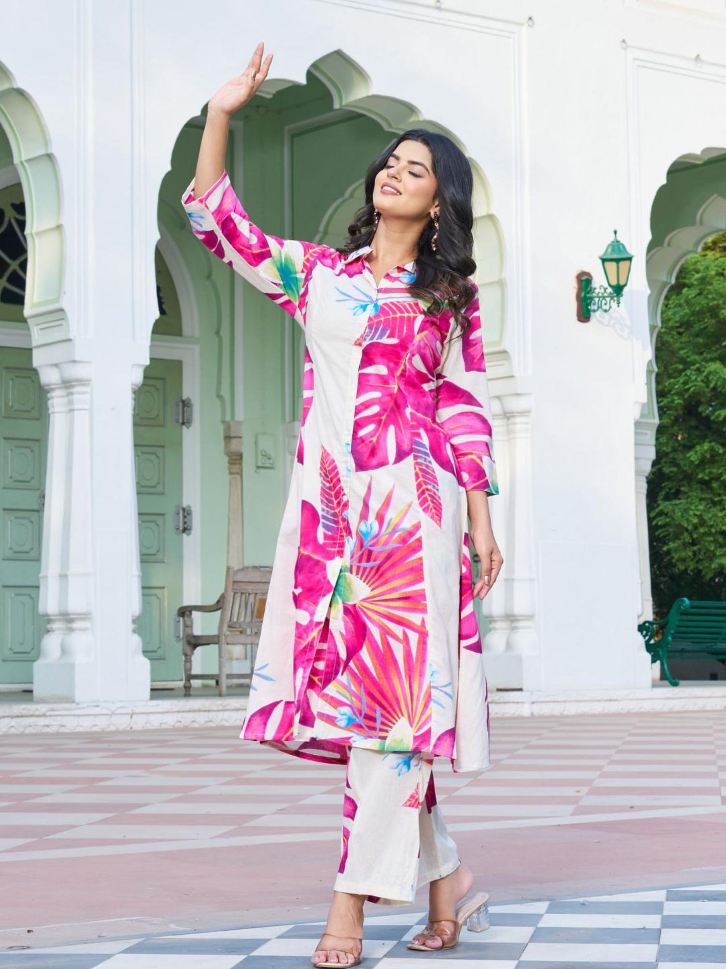 Women Pink Cotton Blend Floral Co-Ord Set