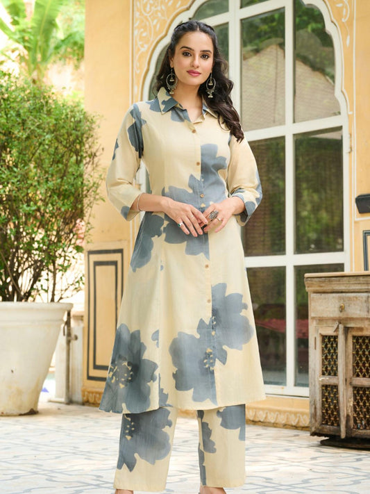 Women Beige Cotton Blend Floral Co-Ord Set