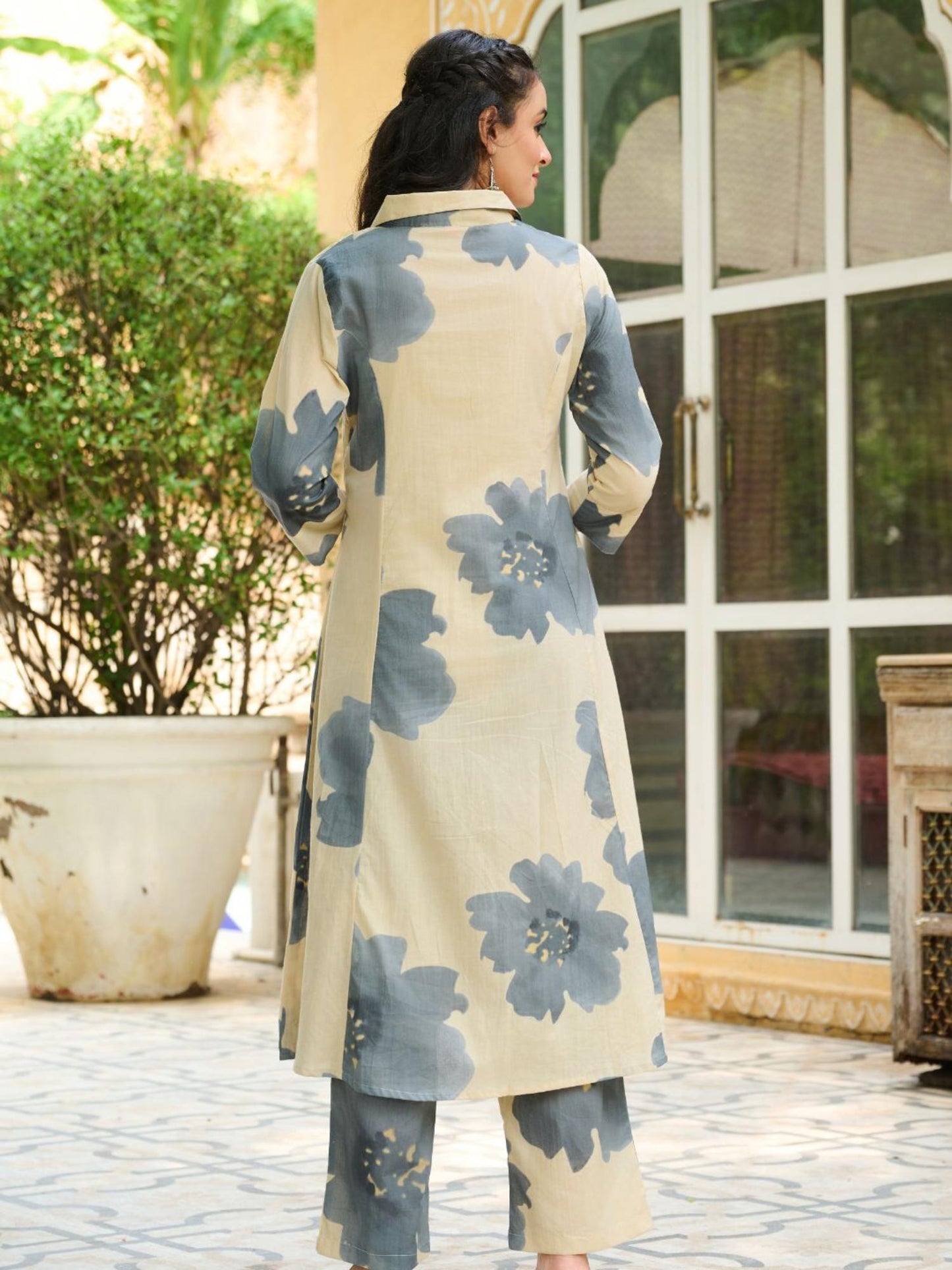 Women Beige Cotton Blend Floral Co-Ord Set