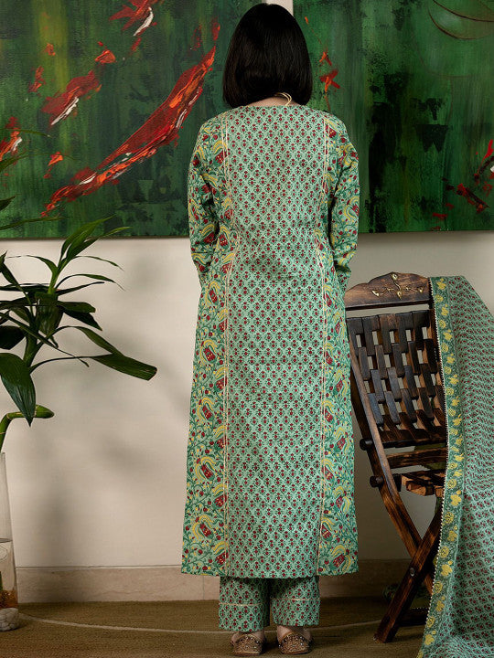 GoSriKi Floral Printed Straight Kurta With Trousers & Dupatta
