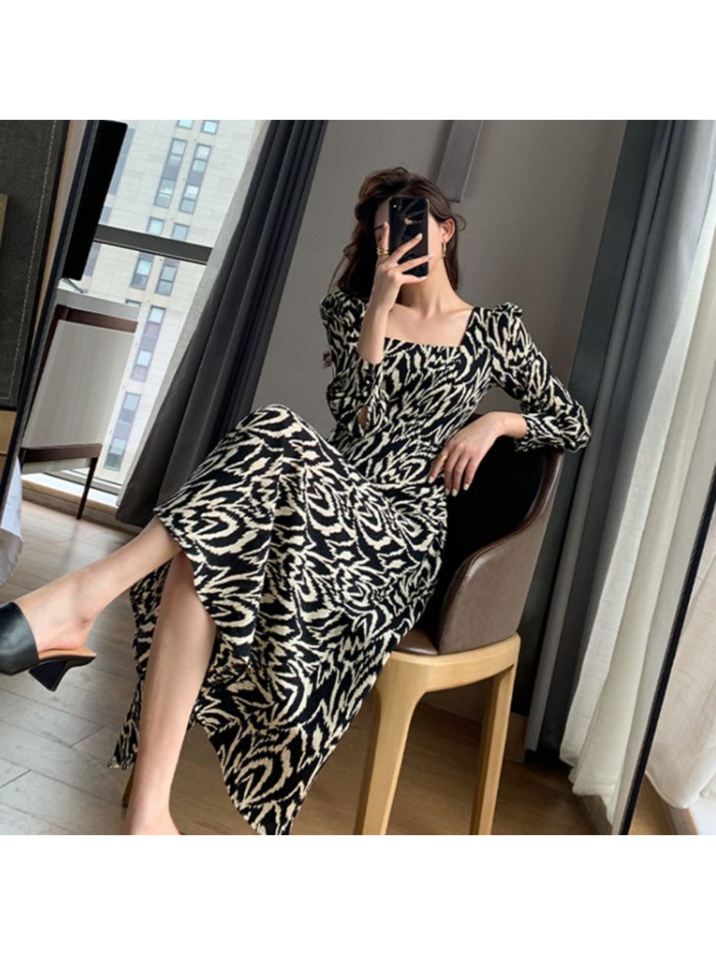 Women Black Printed Midi Dress