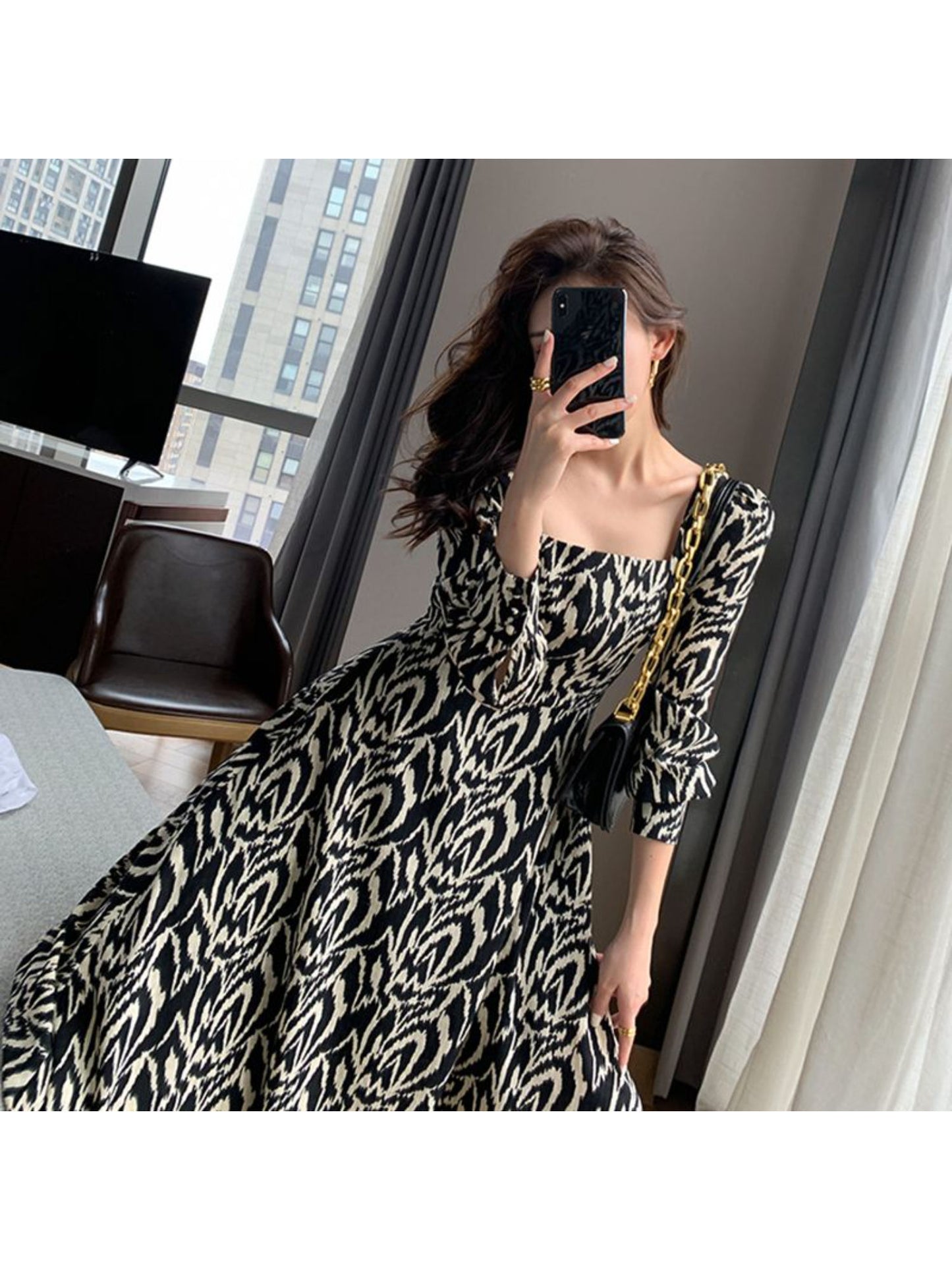 Women Black Printed Midi Dress