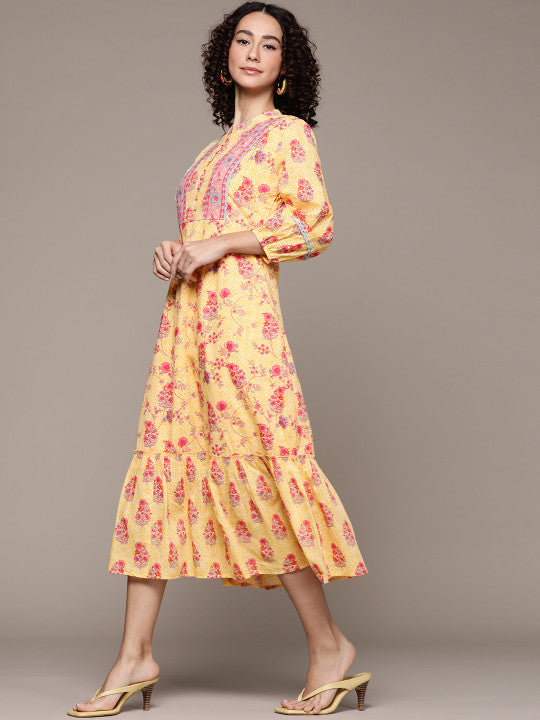 aarke Ritu Kumar Yellow A-Line Printed Tiered Dress