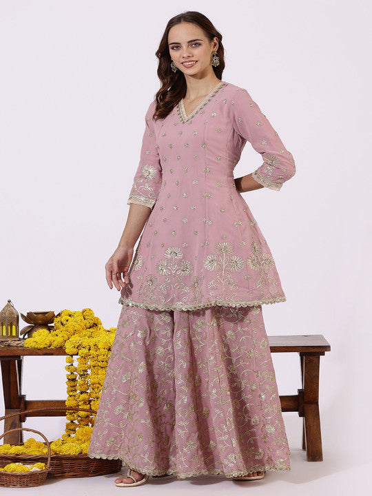 WISHFUL Floral Embroidered Sequinned V-Neck Panelled A-Line Kurti With Sharara & Dupatta