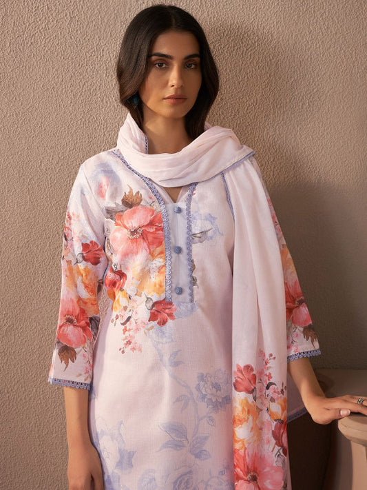 Indo Era Floral Printed Beads and Stones Linen Straight Kurta with Trousers & Dupatta