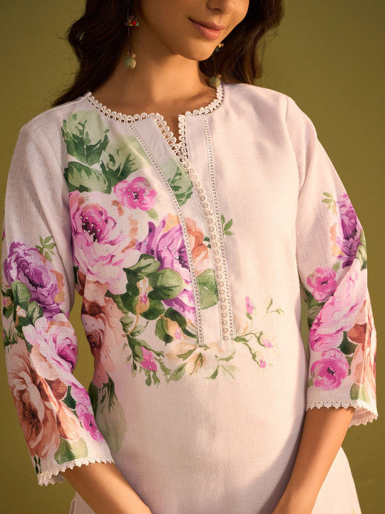 Indo Era Floral Printed V-Neck Linen Straight Kurta With Trousers & Dupatta