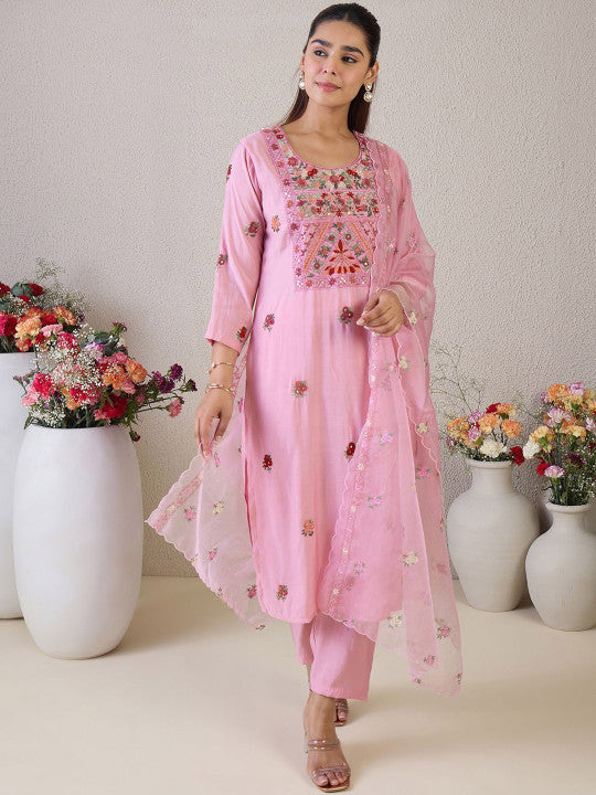 Indo Era Floral Embroidered Round Neck Thread Work Straight Kurta & Trousers & Dupatta