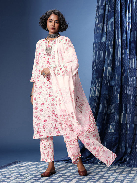 Taavi Block Print Legacy Pure Cotton Floral Printed Kurta With Trousers & With Dupatta