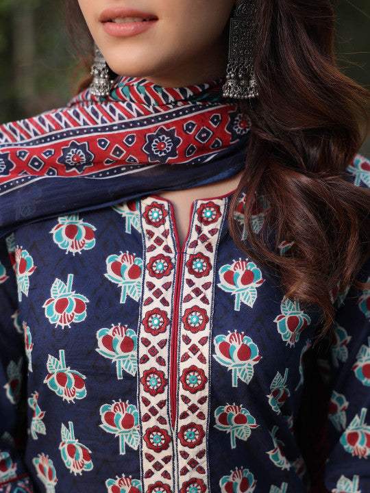 Floral Printed Pure Cotton Straight Kurta With Trouser & Dupatta
