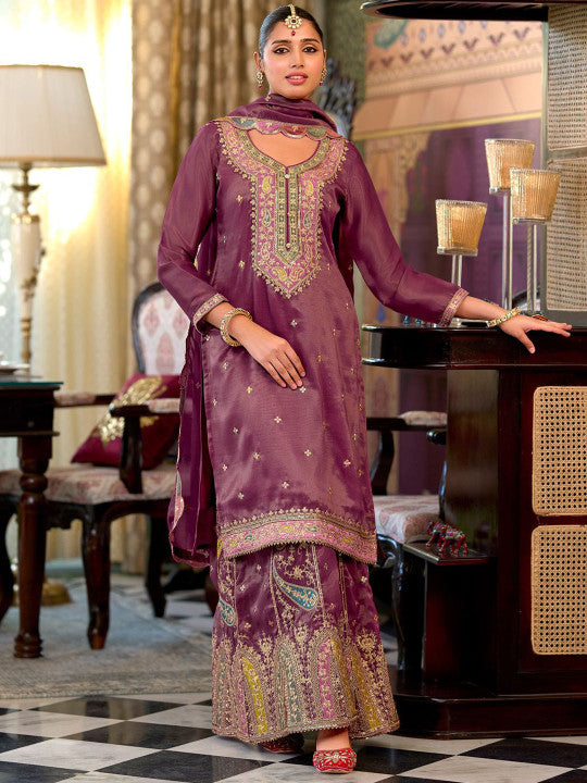 Indo Era Floral Embroidered Sequinned Straight Kurta With Palazzos & Dupatta