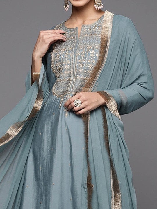 Neck Floral Embroidered Kurta with Trouser & Dupatta