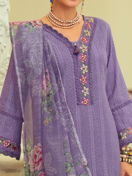 Varanga Geometric Printed Notch Neck Thread Work Pure Cotton Kurta With Trouser & Dupatta