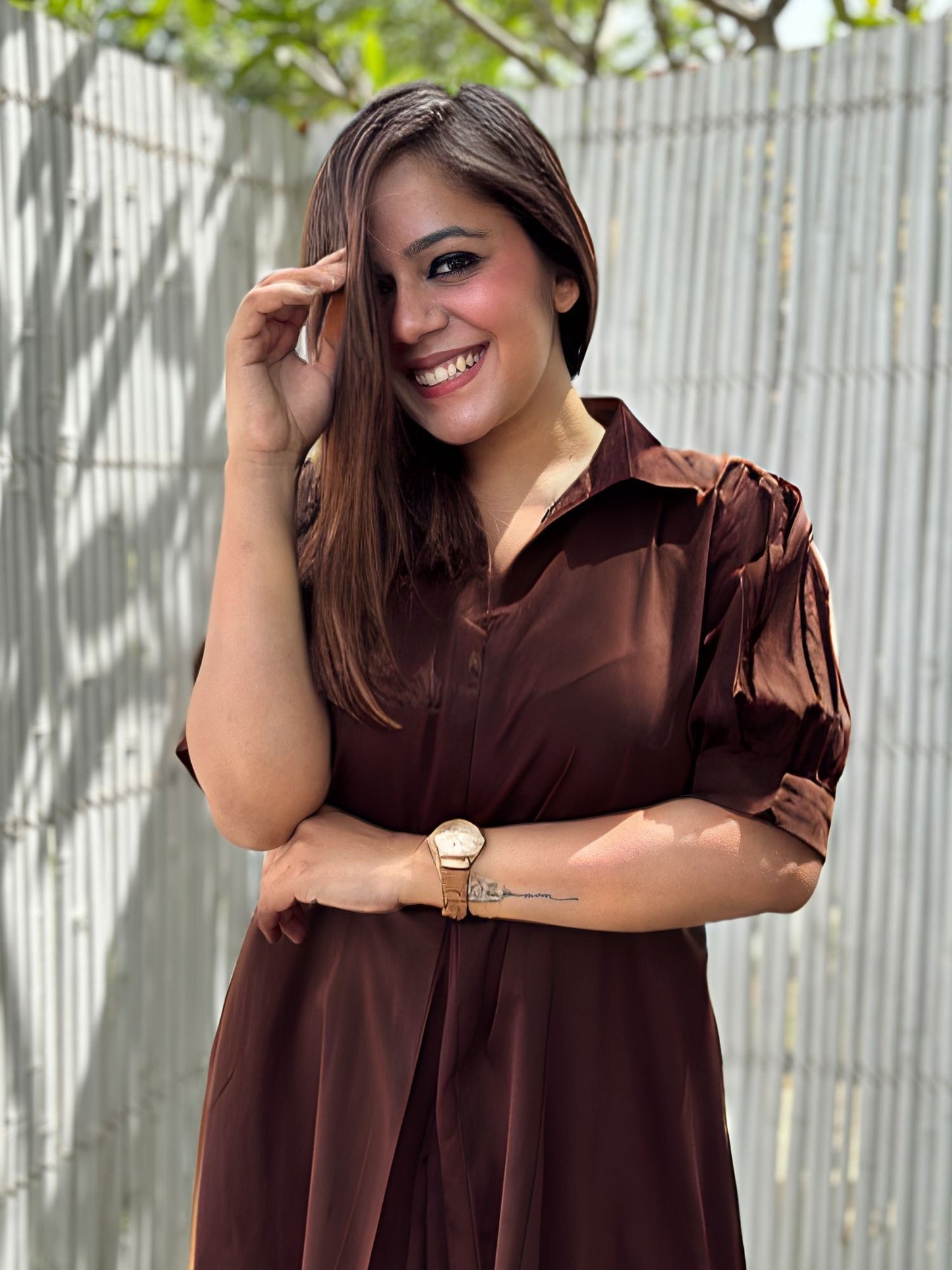 Brown Cotton A-Line Dress