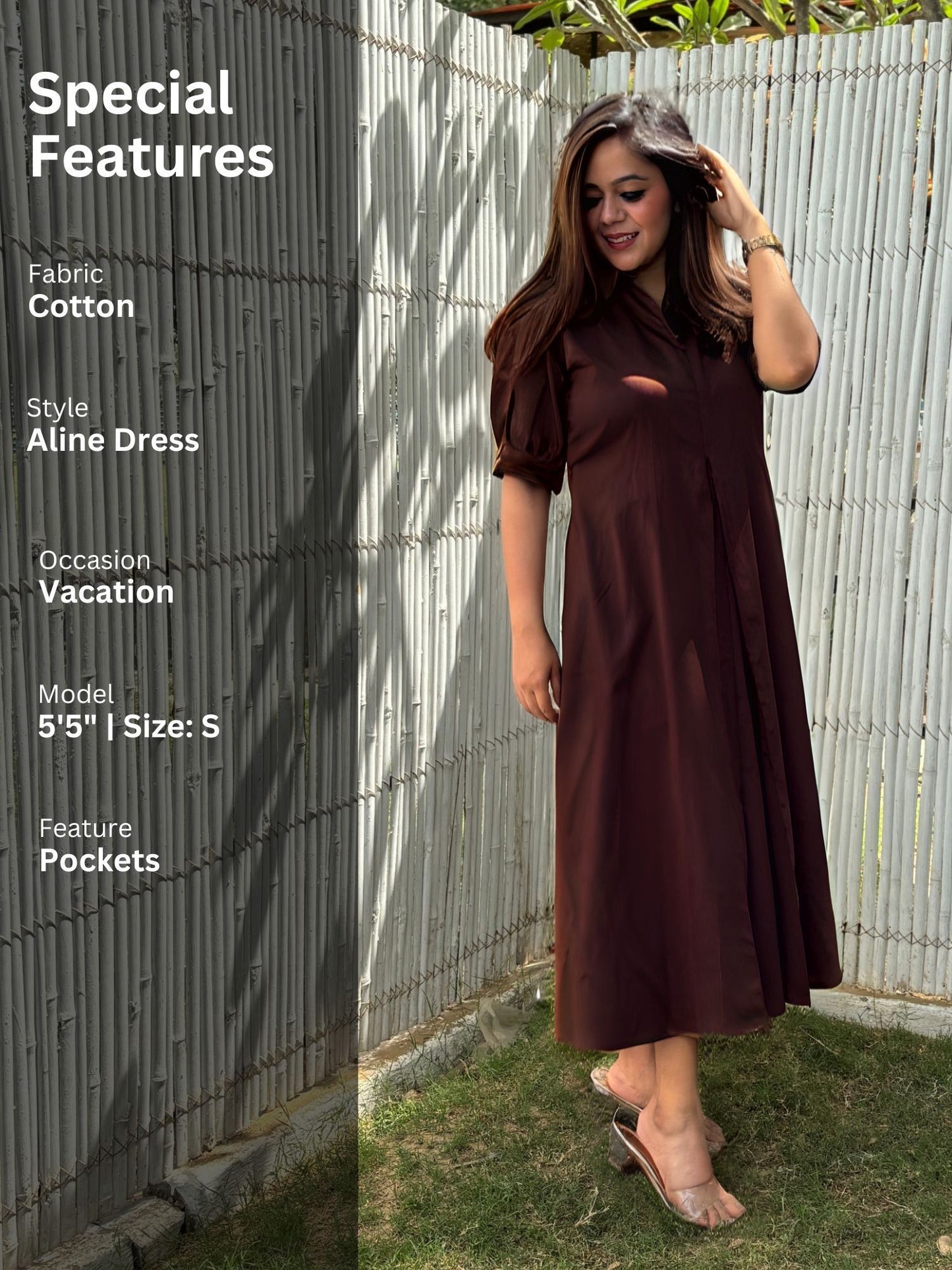 Brown Cotton A-Line Dress